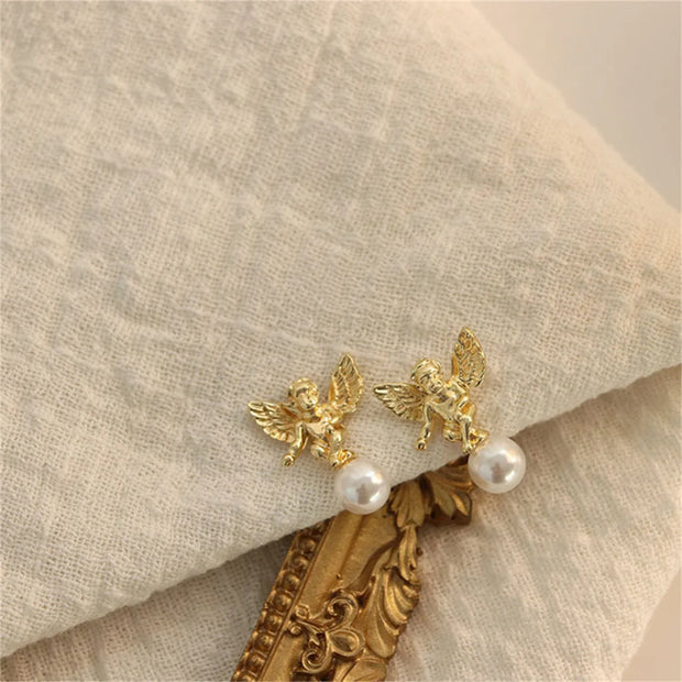 Angel and Pearl Stud Earrings