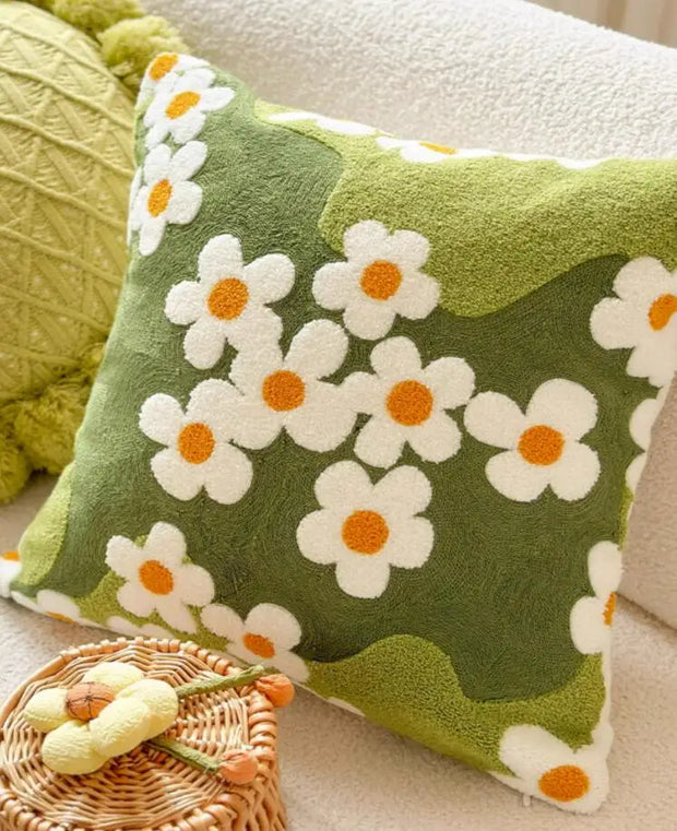 Embroidered Daisies Moss Pillowcase