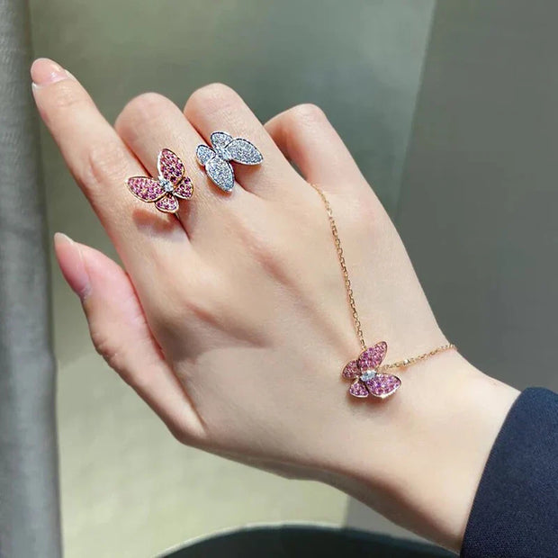 Double Rhinestone Butterfly Ring